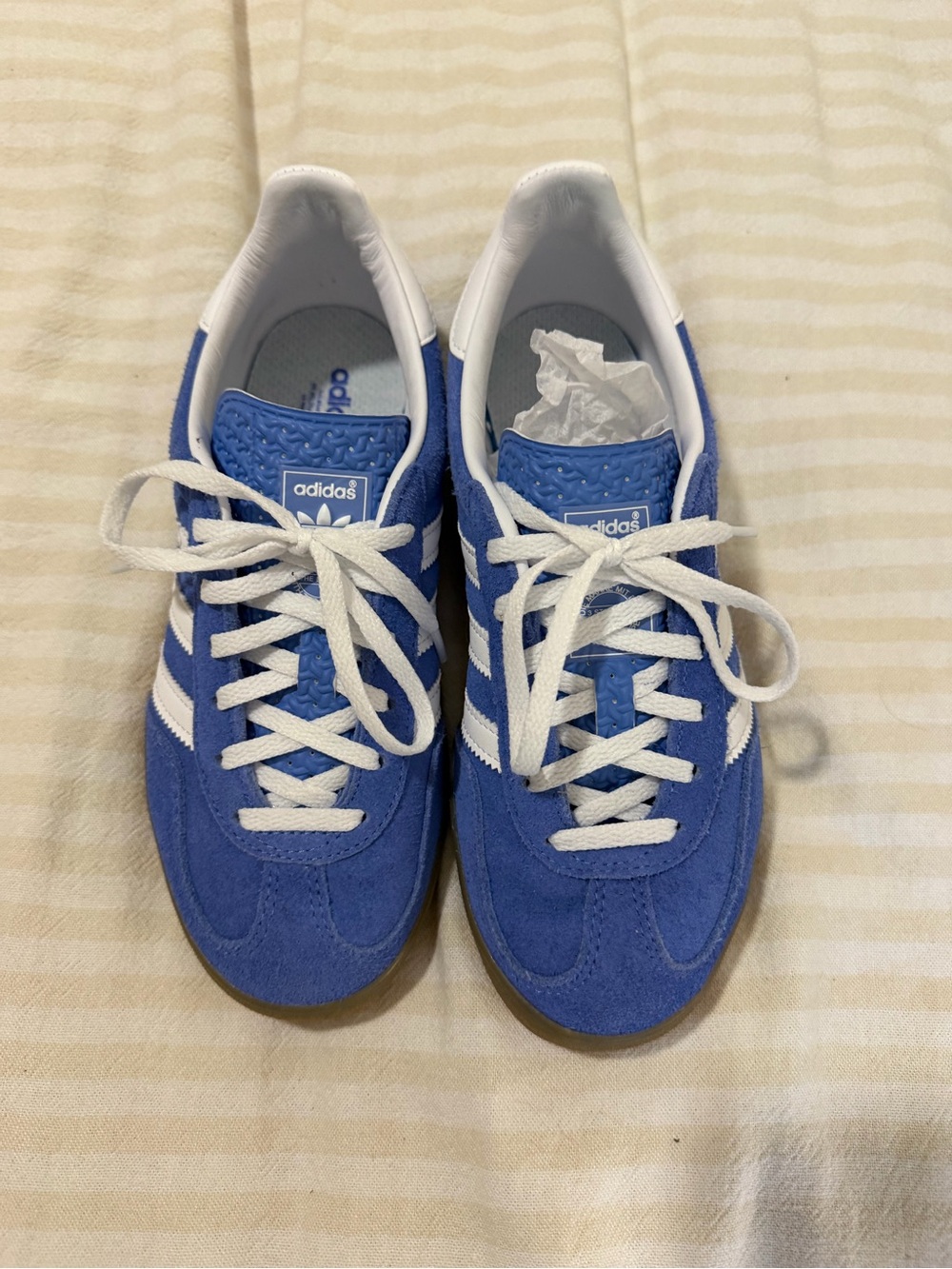 adidas Woman Blue Gazelle Suede Sneakers with White Stripes